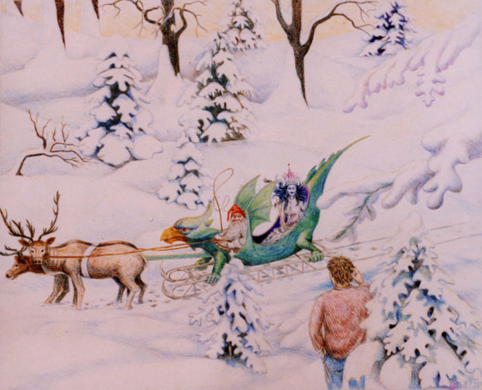 A13c.-Illustration-pour-Le-Lion-la-sorciere-et-la-garde-robe.-La-reine-des-neiges-parle-a-Edmond.-Crayon-de-couleur