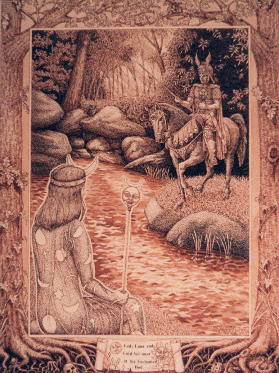 A14c.-Illustration-de-la-premiere-page-de-‘rencontre-du-Soleil-et-de-la-Lune-pour-histoire.-Plume-encre-et-lavis-1986