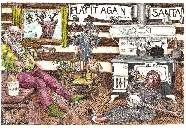 'Play it again Santa' Pen ink & Acrylic wash.