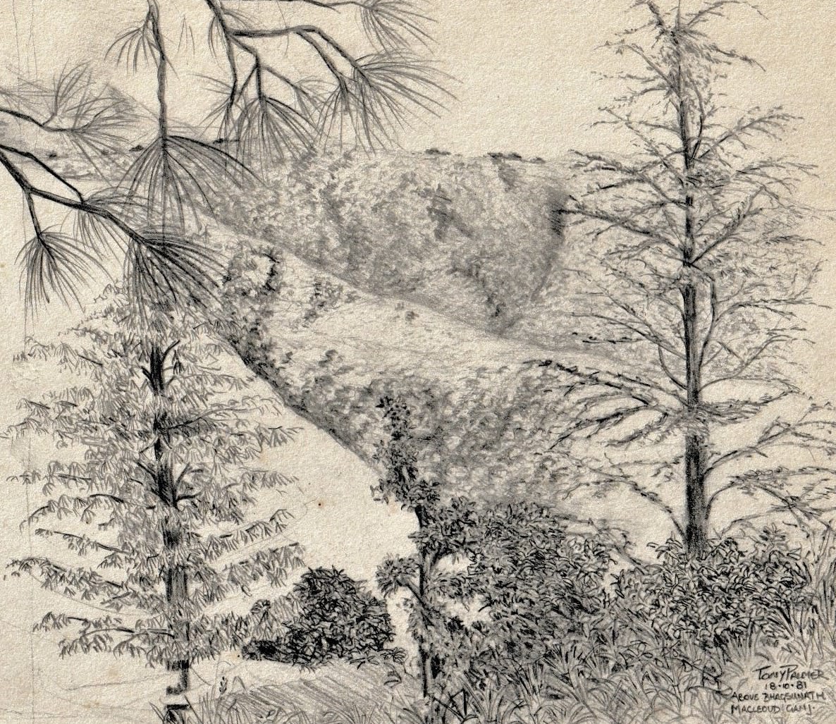 A19.-Ci-dessus-Bhagso-Nath-Macloud-Ganj-2-dessine-en-Inde.-1981.-Crayon.-Disponible