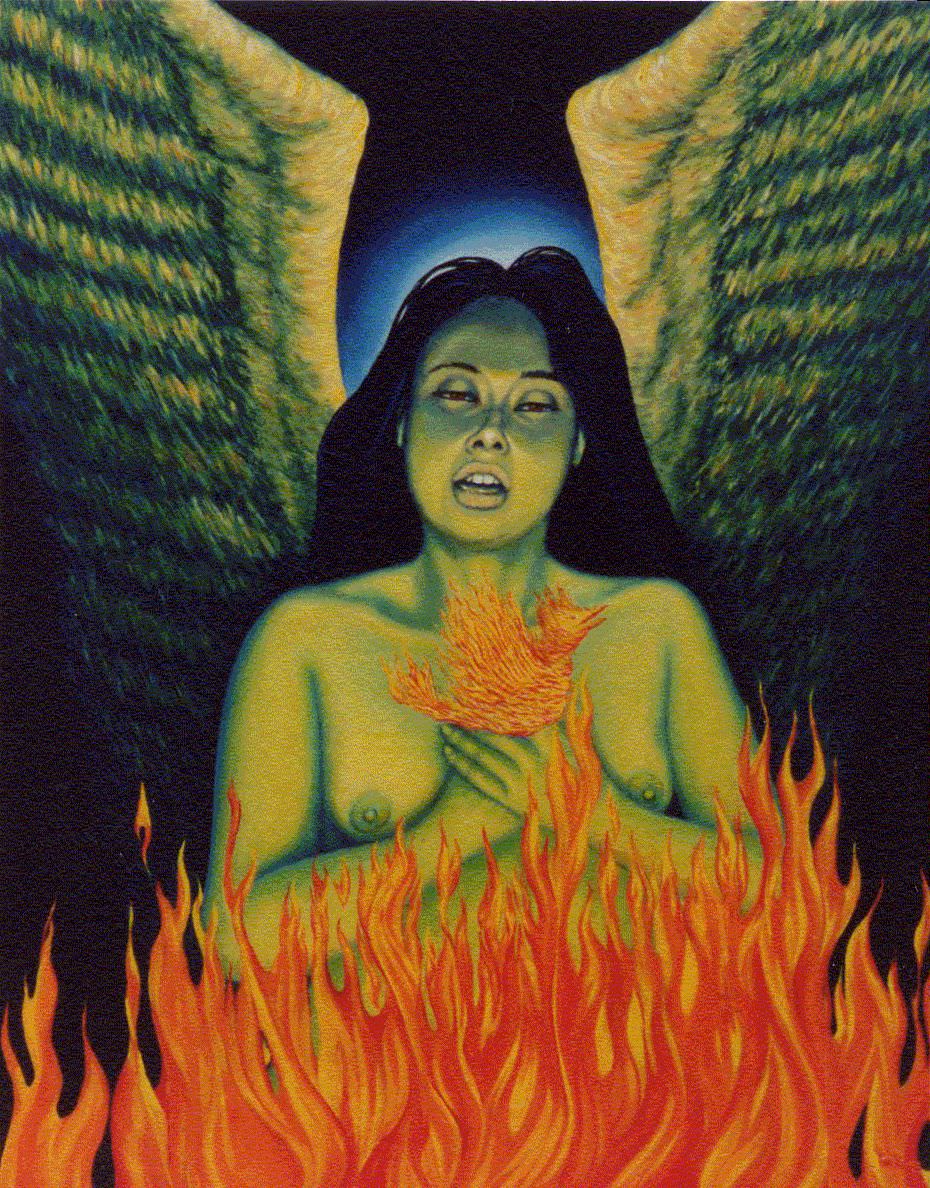 A19.-ANGE-TRISTE-AVEC-OISEAU-DE-FEU.-Huile.-1997-disponible